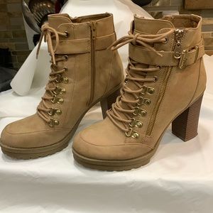 G by Guess tan lace front bootie with gold zipper, buckle, and trims